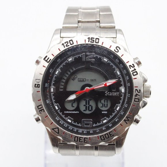 Stauer Chronograph & Digital Watch Mens Silver Tone Stainless Steel WR50 19093 - Picture 2 of 8